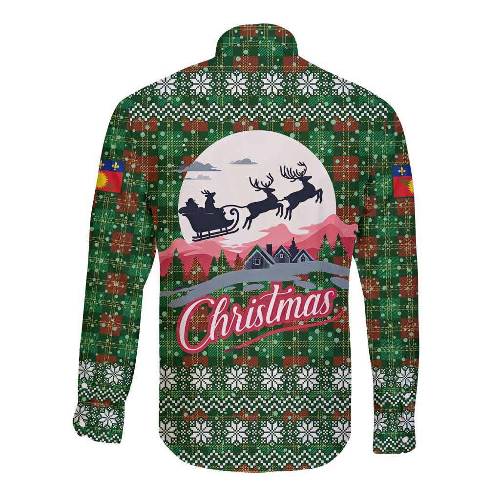 Guadeloupe Christmas Long Sleeve Button Shirt with Green-Red Plaid Design, Sun and Sugarcane Emblem, and Santa Sleigh Motif - Wonder Print Shop