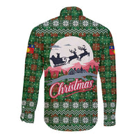 Guadeloupe Christmas Long Sleeve Button Shirt with Green-Red Plaid Design, Sun and Sugarcane Emblem, and Santa Sleigh Motif - Wonder Print Shop