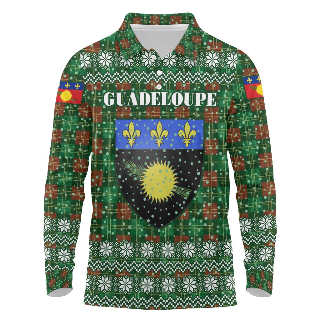 Guadeloupe Christmas Long Sleeve Polo Shirt with Green-Red Plaid Design, Sun and Sugarcane Emblem, and Santa Sleigh Motif - Wonder Print Shop