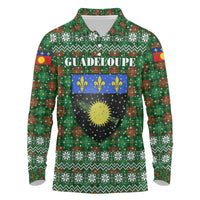Guadeloupe Christmas Long Sleeve Polo Shirt with Green-Red Plaid Design, Sun and Sugarcane Emblem, and Santa Sleigh Motif - Wonder Print Shop