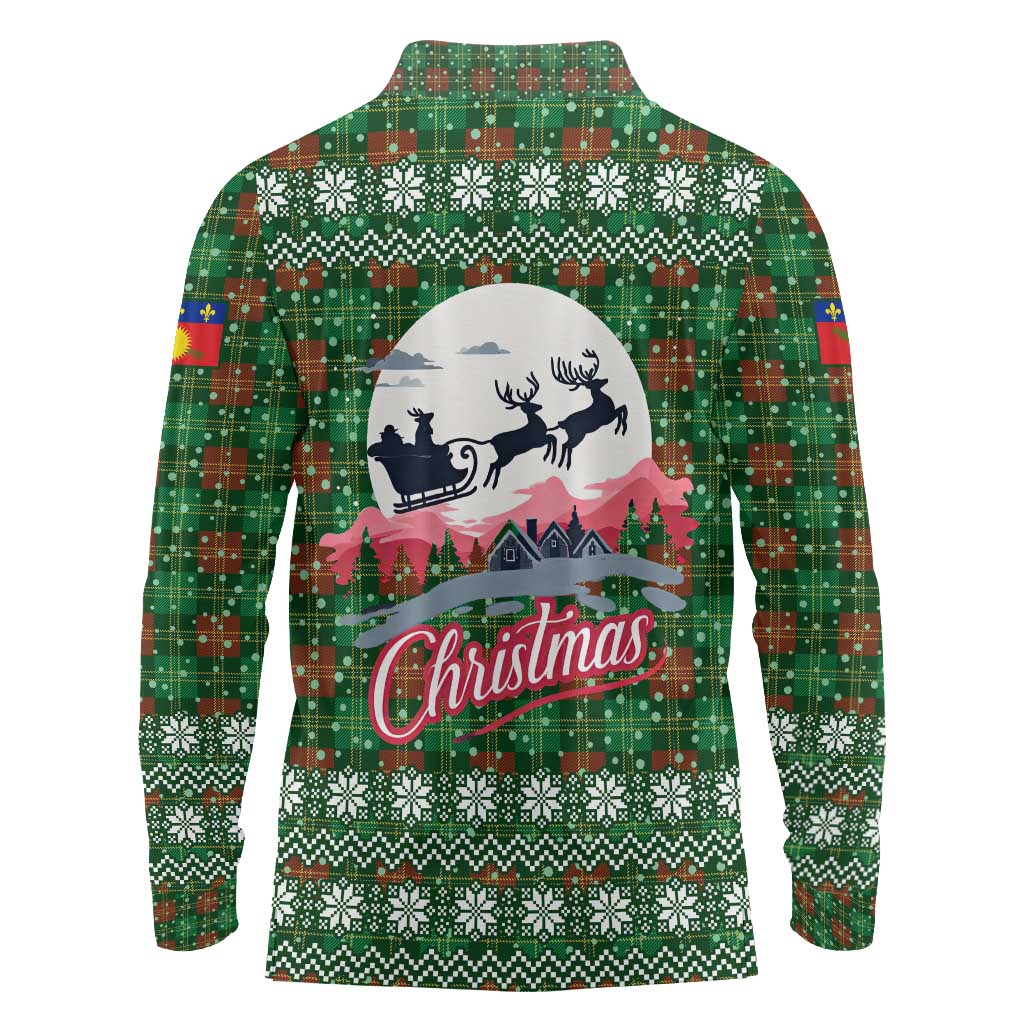 Guadeloupe Christmas Long Sleeve Polo Shirt with Green-Red Plaid Design, Sun and Sugarcane Emblem, and Santa Sleigh Motif - Wonder Print Shop