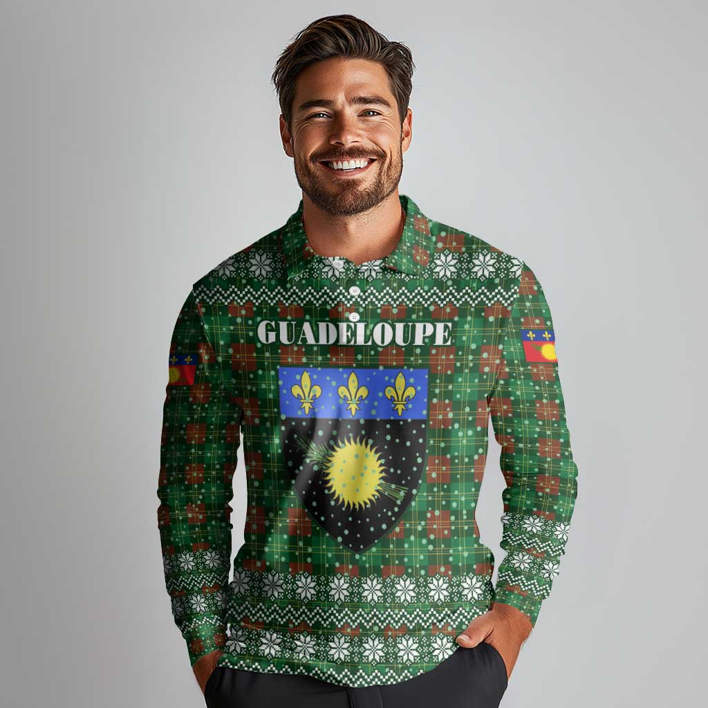 Guadeloupe Christmas Long Sleeve Polo Shirt with Green-Red Plaid Design, Sun and Sugarcane Emblem, and Santa Sleigh Motif - Wonder Print Shop