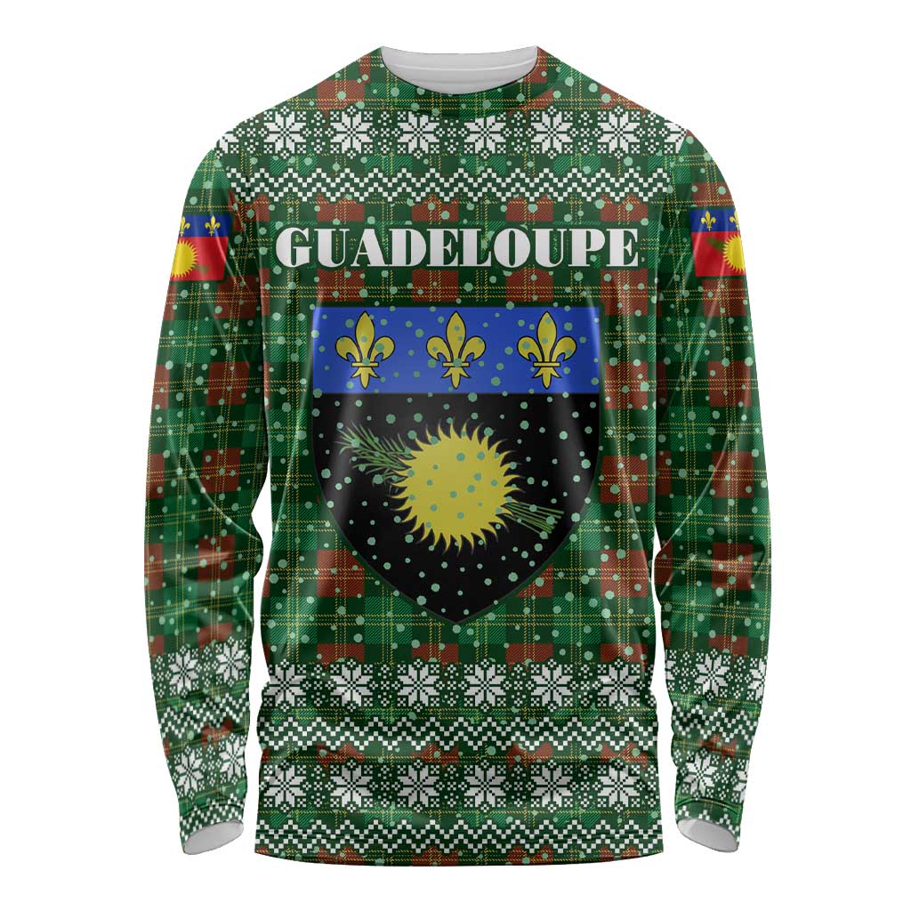 Guadeloupe Christmas Long Sleeve Shirt with Green-Red Plaid Design, Sun and Sugarcane Emblem, and Santa Sleigh Motif - Wonder Print Shop