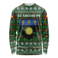 Guadeloupe Christmas Long Sleeve Shirt with Green-Red Plaid Design, Sun and Sugarcane Emblem, and Santa Sleigh Motif - Wonder Print Shop