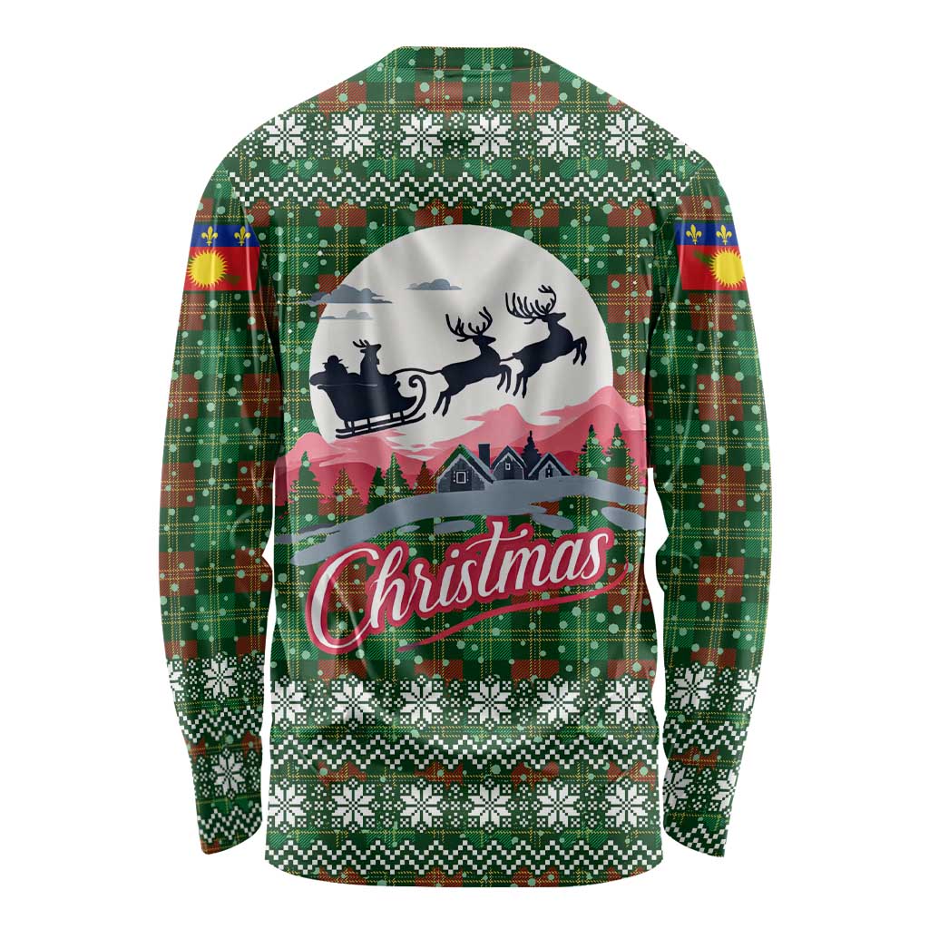 Guadeloupe Christmas Long Sleeve Shirt with Green-Red Plaid Design, Sun and Sugarcane Emblem, and Santa Sleigh Motif - Wonder Print Shop
