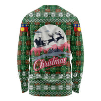 Guadeloupe Christmas Long Sleeve Shirt with Green-Red Plaid Design, Sun and Sugarcane Emblem, and Santa Sleigh Motif - Wonder Print Shop