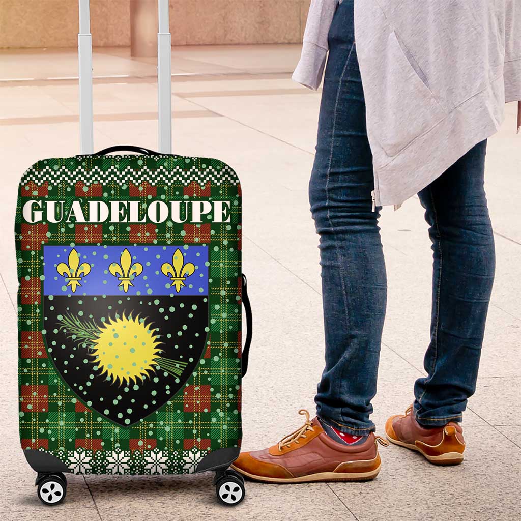 Guadeloupe Christmas Luggage Cover with Green-Red Plaid Design, Sun and Sugarcane Emblem, and Santa Sleigh Motif - Wonder Print Shop