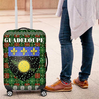 Guadeloupe Christmas Luggage Cover with Green-Red Plaid Design, Sun and Sugarcane Emblem, and Santa Sleigh Motif - Wonder Print Shop