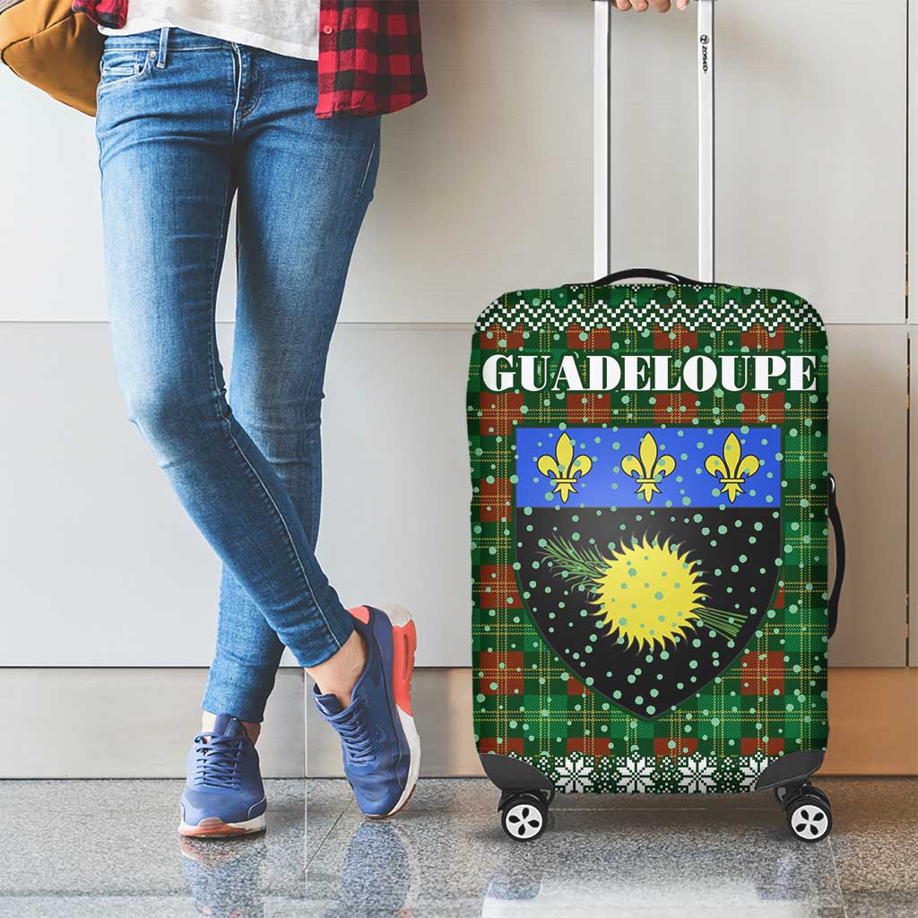 Guadeloupe Christmas Luggage Cover with Green-Red Plaid Design, Sun and Sugarcane Emblem, and Santa Sleigh Motif - Wonder Print Shop