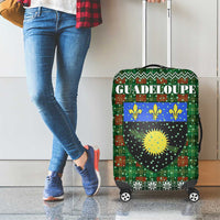 Guadeloupe Christmas Luggage Cover with Green-Red Plaid Design, Sun and Sugarcane Emblem, and Santa Sleigh Motif - Wonder Print Shop