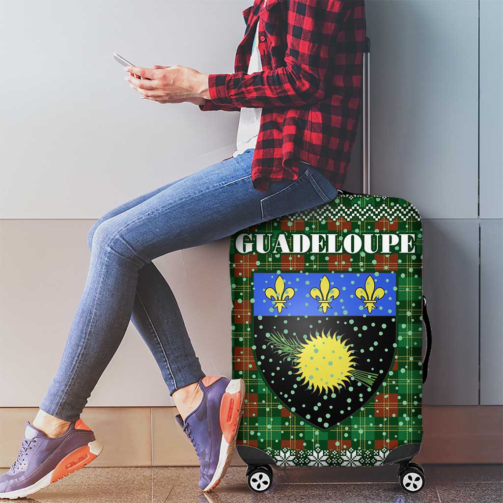 Guadeloupe Christmas Luggage Cover with Green-Red Plaid Design, Sun and Sugarcane Emblem, and Santa Sleigh Motif - Wonder Print Shop