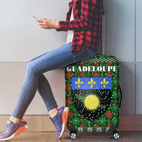 Guadeloupe Christmas Luggage Cover with Green-Red Plaid Design, Sun and Sugarcane Emblem, and Santa Sleigh Motif - Wonder Print Shop