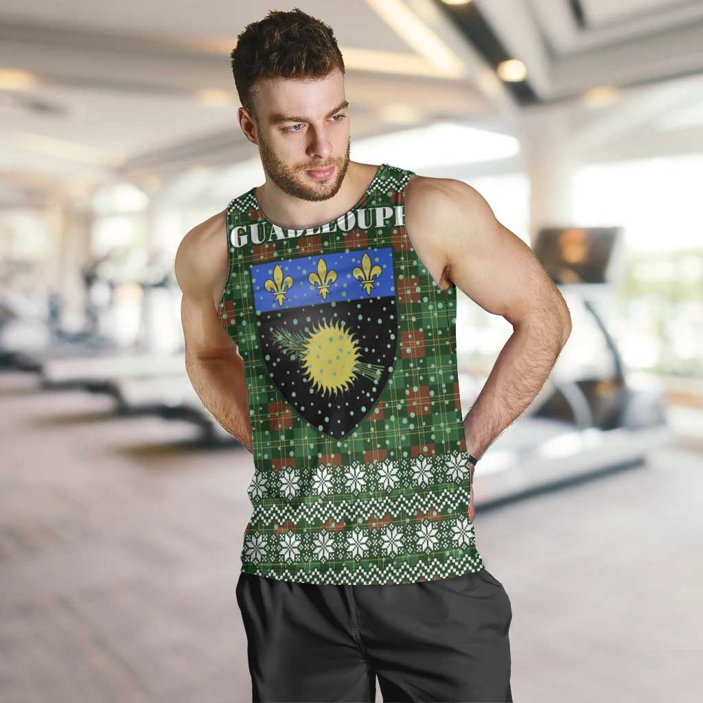 Guadeloupe Christmas Men Tank Top with Green-Red Plaid Design, Sun and Sugarcane Emblem, and Santa Sleigh Motif - Wonder Print Shop