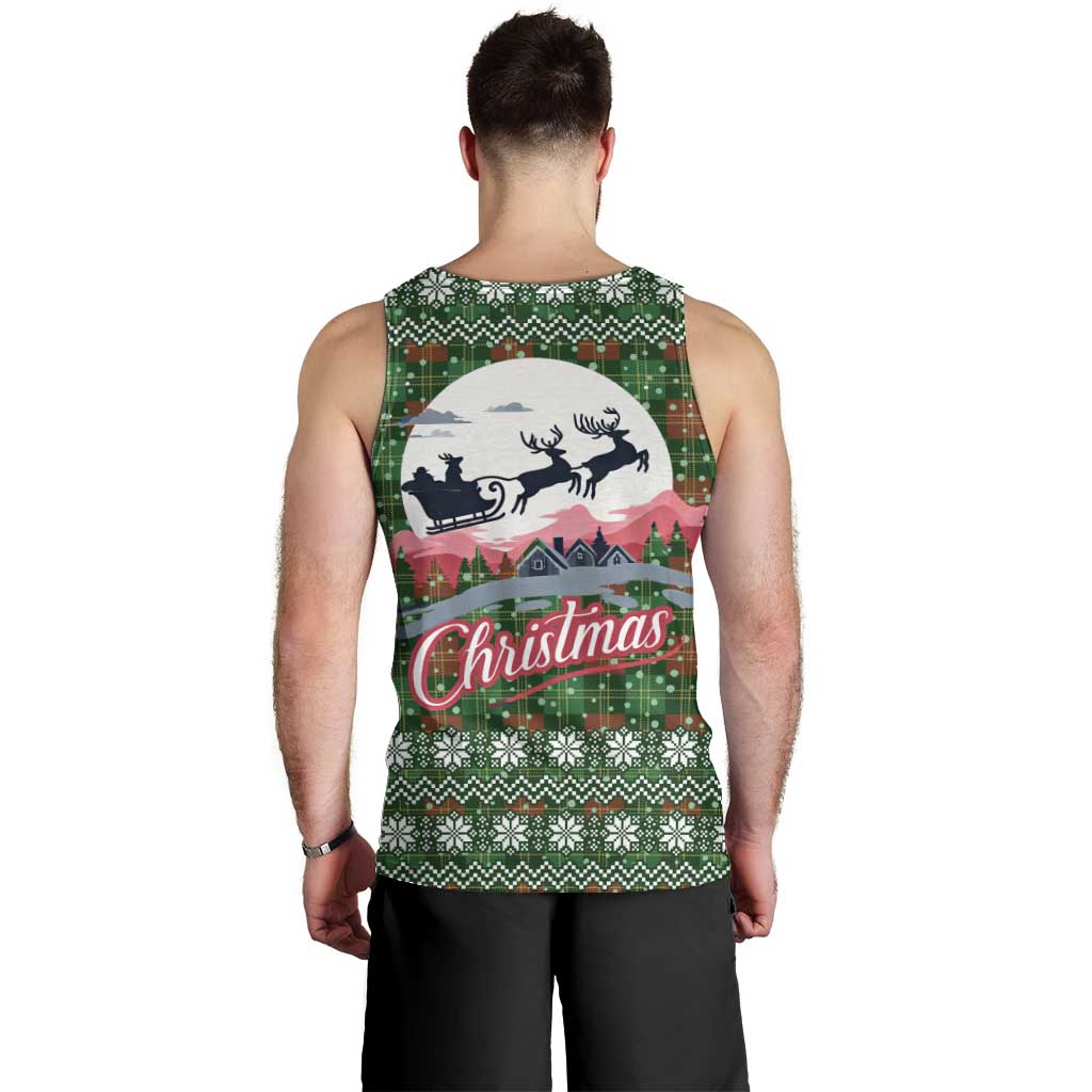 Guadeloupe Christmas Men Tank Top with Green-Red Plaid Design, Sun and Sugarcane Emblem, and Santa Sleigh Motif - Wonder Print Shop