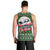 Guadeloupe Christmas Men Tank Top with Green-Red Plaid Design, Sun and Sugarcane Emblem, and Santa Sleigh Motif - Wonder Print Shop