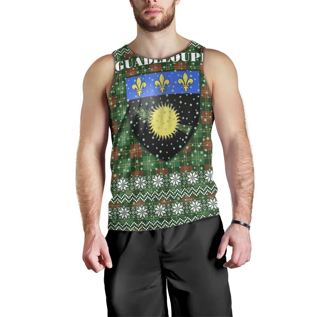 Guadeloupe Christmas Men Tank Top with Green-Red Plaid Design, Sun and Sugarcane Emblem, and Santa Sleigh Motif - Wonder Print Shop