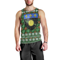 Guadeloupe Christmas Men Tank Top with Green-Red Plaid Design, Sun and Sugarcane Emblem, and Santa Sleigh Motif - Wonder Print Shop