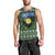 Guadeloupe Christmas Men Tank Top with Green-Red Plaid Design, Sun and Sugarcane Emblem, and Santa Sleigh Motif - Wonder Print Shop