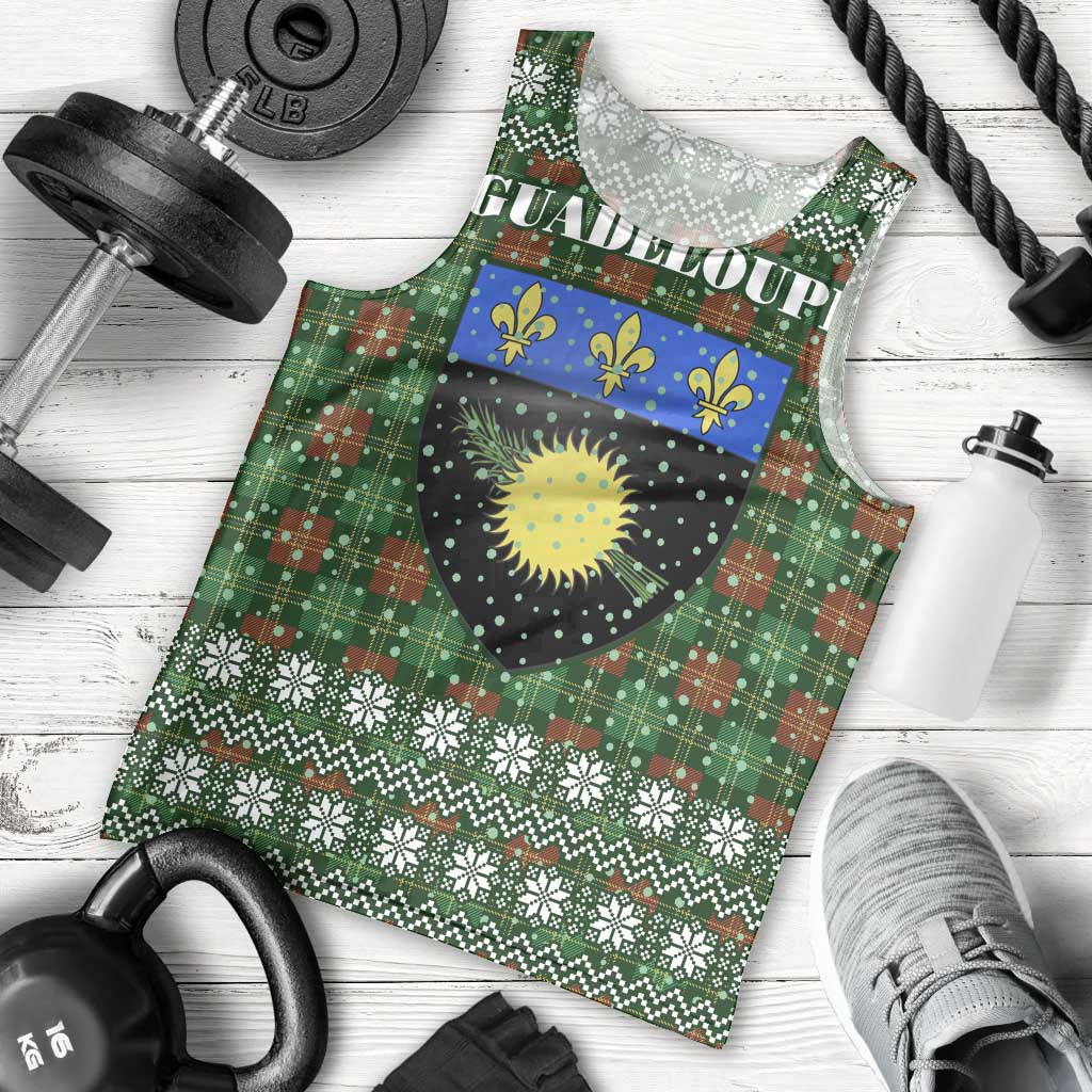 Guadeloupe Christmas Men Tank Top with Green-Red Plaid Design, Sun and Sugarcane Emblem, and Santa Sleigh Motif - Wonder Print Shop