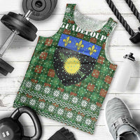 Guadeloupe Christmas Men Tank Top with Green-Red Plaid Design, Sun and Sugarcane Emblem, and Santa Sleigh Motif - Wonder Print Shop