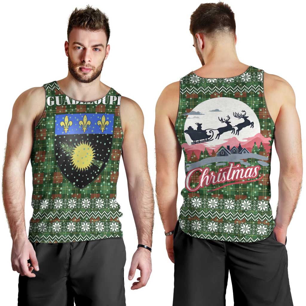 Guadeloupe Christmas Men Tank Top with Green-Red Plaid Design, Sun and Sugarcane Emblem, and Santa Sleigh Motif - Wonder Print Shop