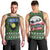 Guadeloupe Christmas Men Tank Top with Green-Red Plaid Design, Sun and Sugarcane Emblem, and Santa Sleigh Motif - Wonder Print Shop