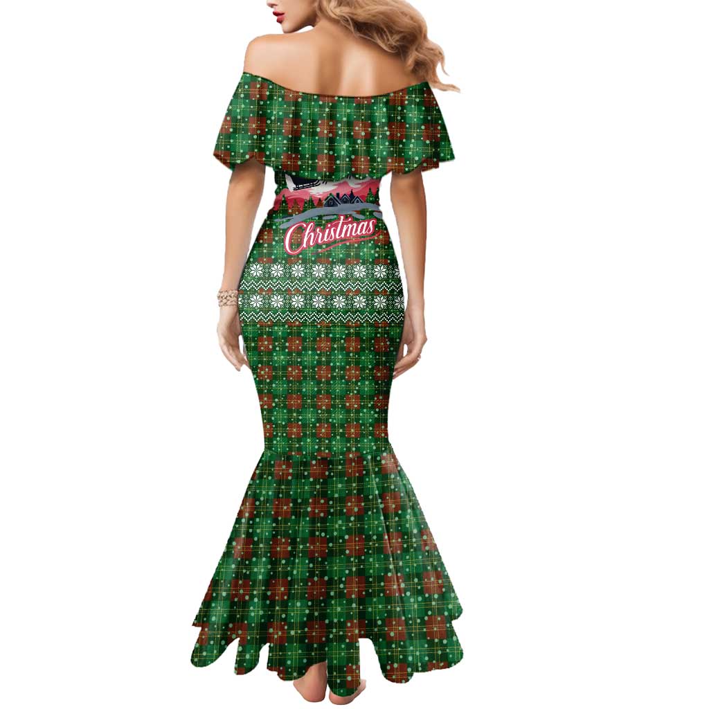 Guadeloupe Christmas Mermaid Dress with Green-Red Plaid Design, Sun and Sugarcane Emblem, and Santa Sleigh Motif - Wonder Print Shop