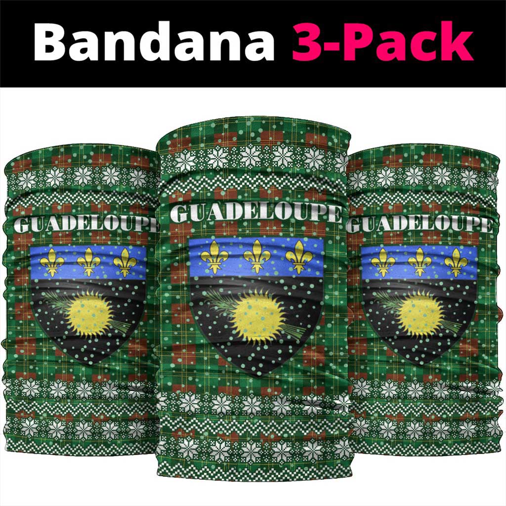 Guadeloupe Christmas Neck Gaiter with Green-Red Plaid Design, Sun and Sugarcane Emblem, and Santa Sleigh Motif - Wonder Print Shop