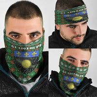 Guadeloupe Christmas Neck Gaiter with Green-Red Plaid Design, Sun and Sugarcane Emblem, and Santa Sleigh Motif - Wonder Print Shop