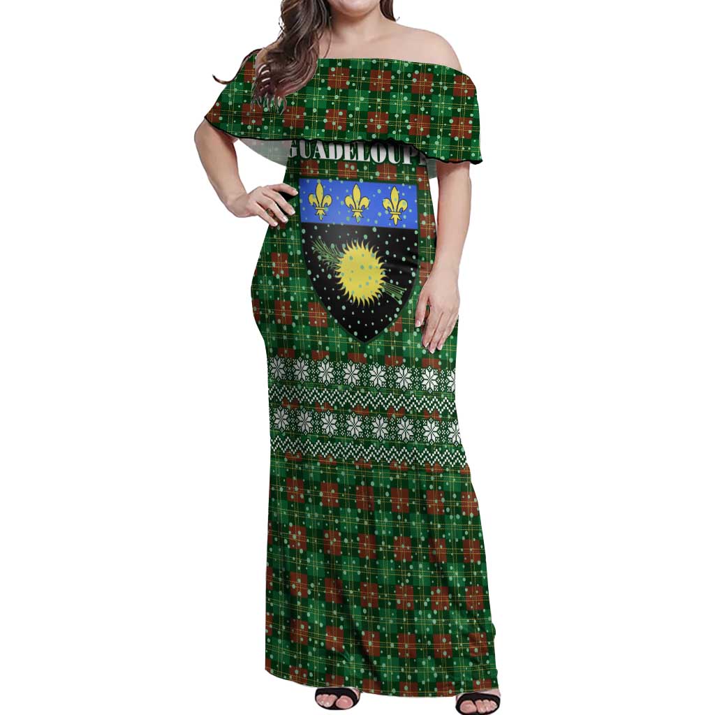 Guadeloupe Christmas Off Shoulder Maxi Dress with Green-Red Plaid Design, Sun and Sugarcane Emblem, and Santa Sleigh Motif - Wonder Print Shop