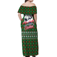 Guadeloupe Christmas Off Shoulder Maxi Dress with Green-Red Plaid Design, Sun and Sugarcane Emblem, and Santa Sleigh Motif - Wonder Print Shop