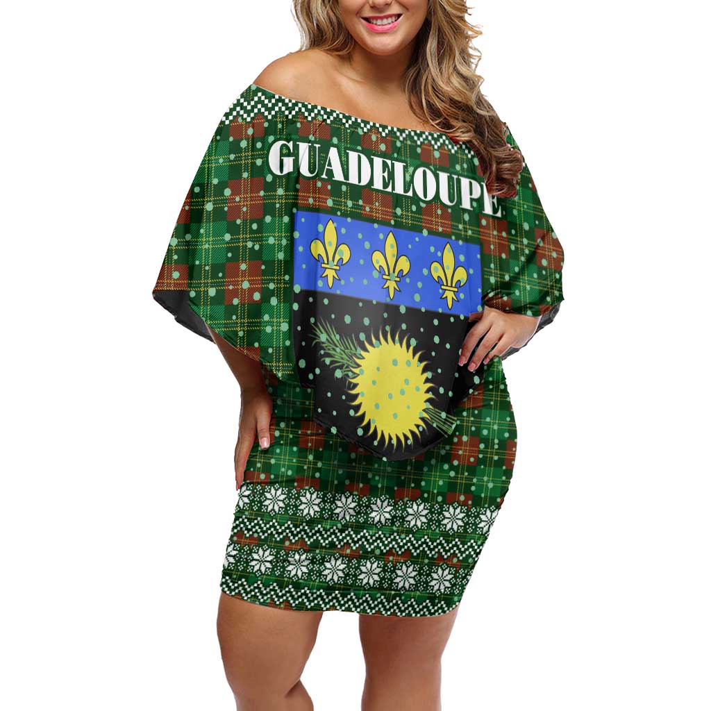 Guadeloupe Christmas Off Shoulder Short Dress with Green-Red Plaid Design, Sun and Sugarcane Emblem, and Santa Sleigh Motif - Wonder Print Shop