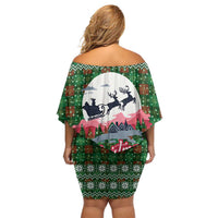 Guadeloupe Christmas Off Shoulder Short Dress with Green-Red Plaid Design, Sun and Sugarcane Emblem, and Santa Sleigh Motif - Wonder Print Shop