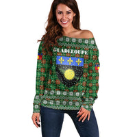 Guadeloupe Christmas Off Shoulder Sweater with Green-Red Plaid Design, Sun and Sugarcane Emblem, and Santa Sleigh Motif - Wonder Print Shop