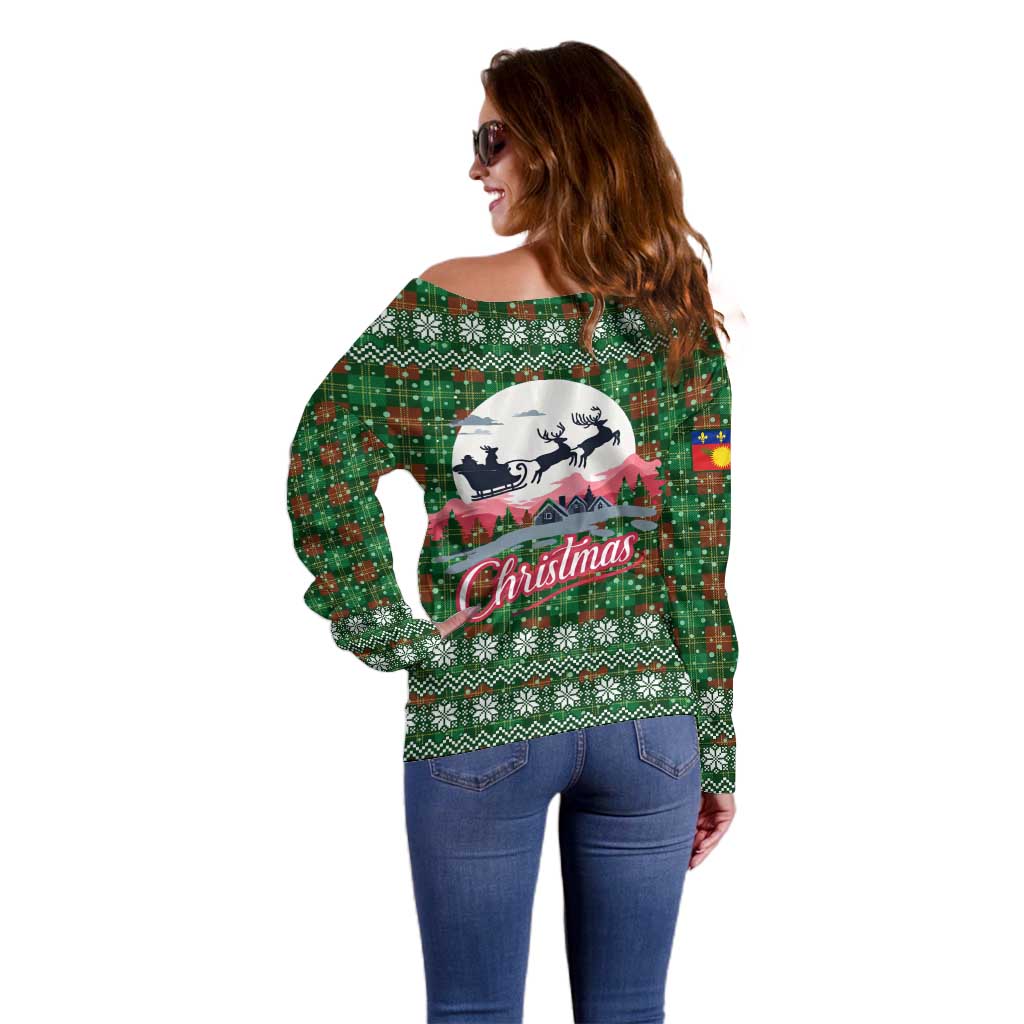 Guadeloupe Christmas Off Shoulder Sweater with Green-Red Plaid Design, Sun and Sugarcane Emblem, and Santa Sleigh Motif - Wonder Print Shop