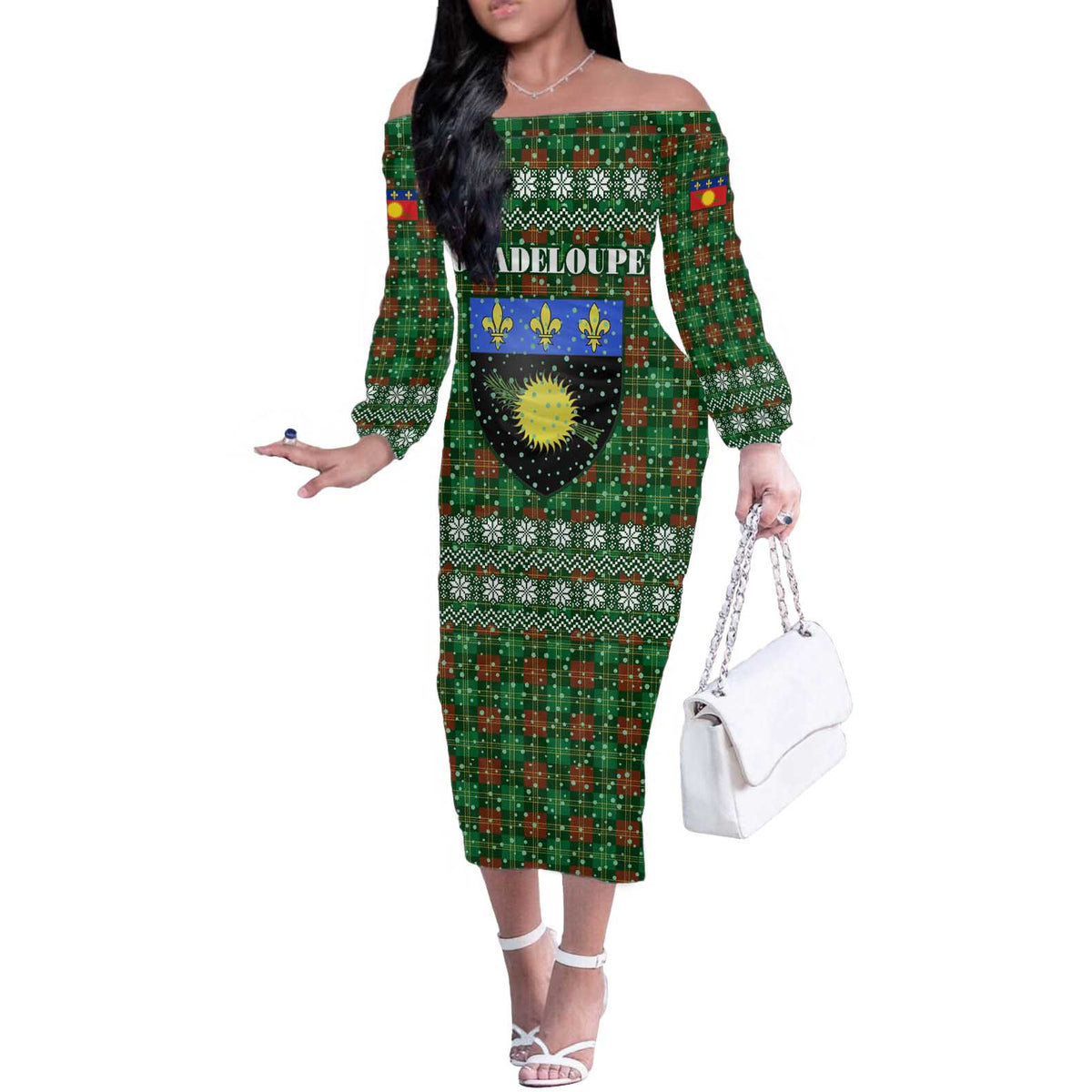 Guadeloupe Christmas Off The Shoulder Long Sleeve Dress with Green-Red Plaid Design, Sun and Sugarcane Emblem, and Santa Sleigh Motif - Wonder Print Shop