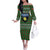 Guadeloupe Christmas Off The Shoulder Long Sleeve Dress with Green-Red Plaid Design, Sun and Sugarcane Emblem, and Santa Sleigh Motif - Wonder Print Shop