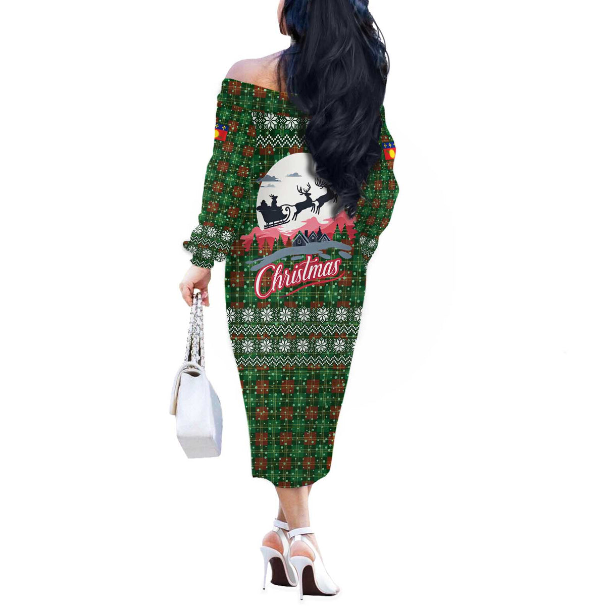 Guadeloupe Christmas Off The Shoulder Long Sleeve Dress with Green-Red Plaid Design, Sun and Sugarcane Emblem, and Santa Sleigh Motif - Wonder Print Shop