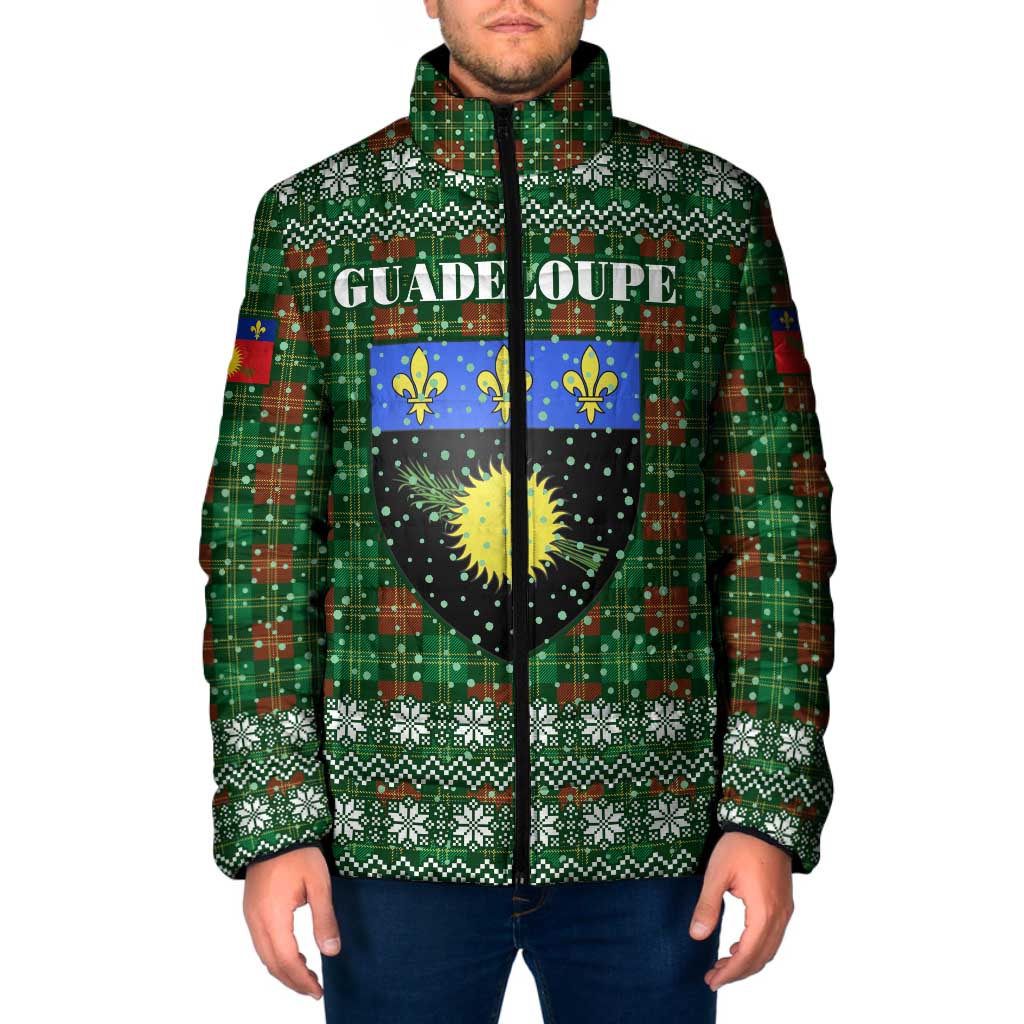Guadeloupe Christmas Padded Jacket with Green-Red Plaid Design, Sun and Sugarcane Emblem, and Santa Sleigh Motif - Wonder Print Shop