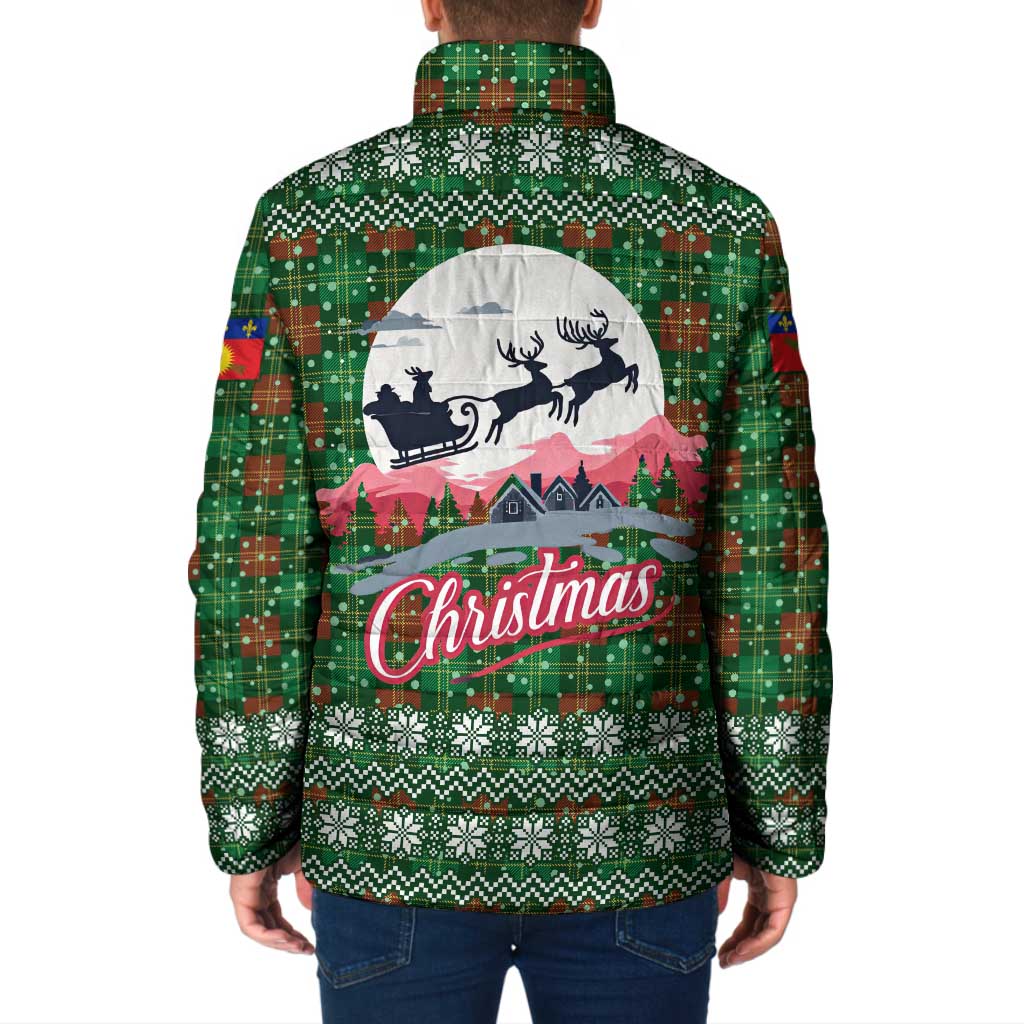 Guadeloupe Christmas Padded Jacket with Green-Red Plaid Design, Sun and Sugarcane Emblem, and Santa Sleigh Motif - Wonder Print Shop