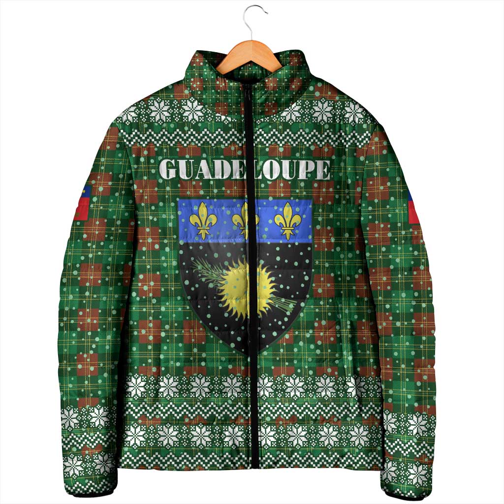 Guadeloupe Christmas Padded Jacket with Green-Red Plaid Design, Sun and Sugarcane Emblem, and Santa Sleigh Motif - Wonder Print Shop