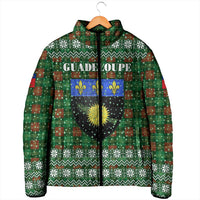 Guadeloupe Christmas Padded Jacket with Green-Red Plaid Design, Sun and Sugarcane Emblem, and Santa Sleigh Motif - Wonder Print Shop