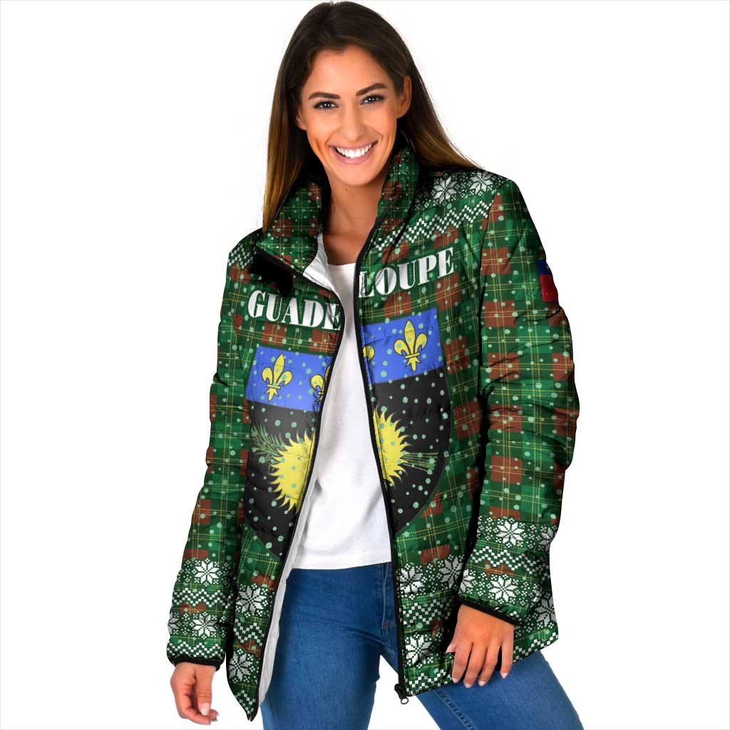 Guadeloupe Christmas Padded Jacket with Green-Red Plaid Design, Sun and Sugarcane Emblem, and Santa Sleigh Motif - Wonder Print Shop