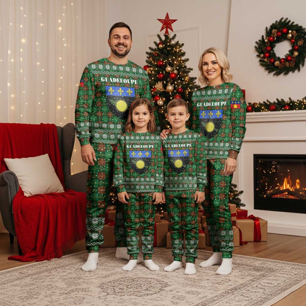 Guadeloupe Christmas Pajama Set with Green-Red Plaid Design, Sun and Sugarcane Emblem, and Santa Sleigh Motif - Wonder Print Shop