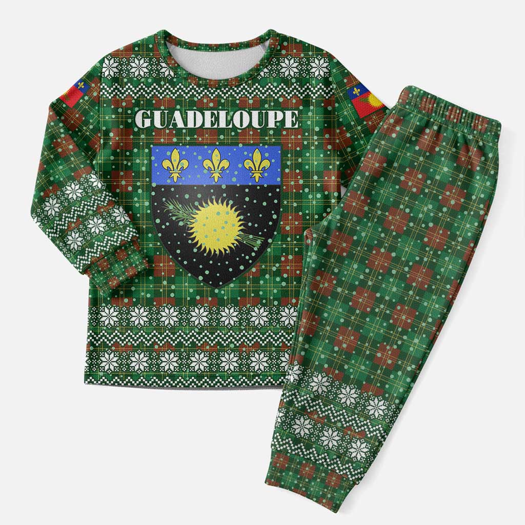 Guadeloupe Christmas Pajama Set with Green-Red Plaid Design, Sun and Sugarcane Emblem, and Santa Sleigh Motif - Wonder Print Shop