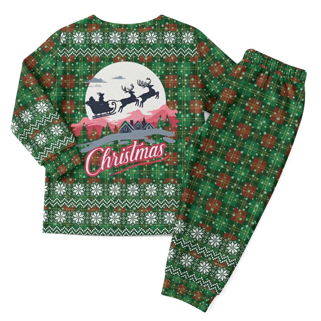 Guadeloupe Christmas Pajama Set with Green-Red Plaid Design, Sun and Sugarcane Emblem, and Santa Sleigh Motif - Wonder Print Shop