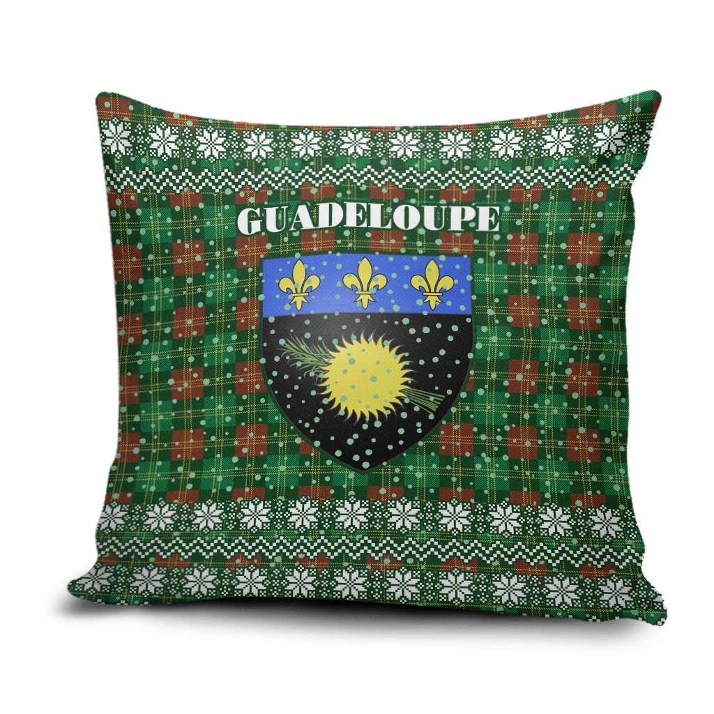 Guadeloupe Christmas Pillow Cover with Green-Red Plaid Design, Sun and Sugarcane Emblem, and Santa Sleigh Motif - Wonder Print Shop