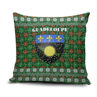 Guadeloupe Christmas Pillow Cover with Green-Red Plaid Design, Sun and Sugarcane Emblem, and Santa Sleigh Motif - Wonder Print Shop