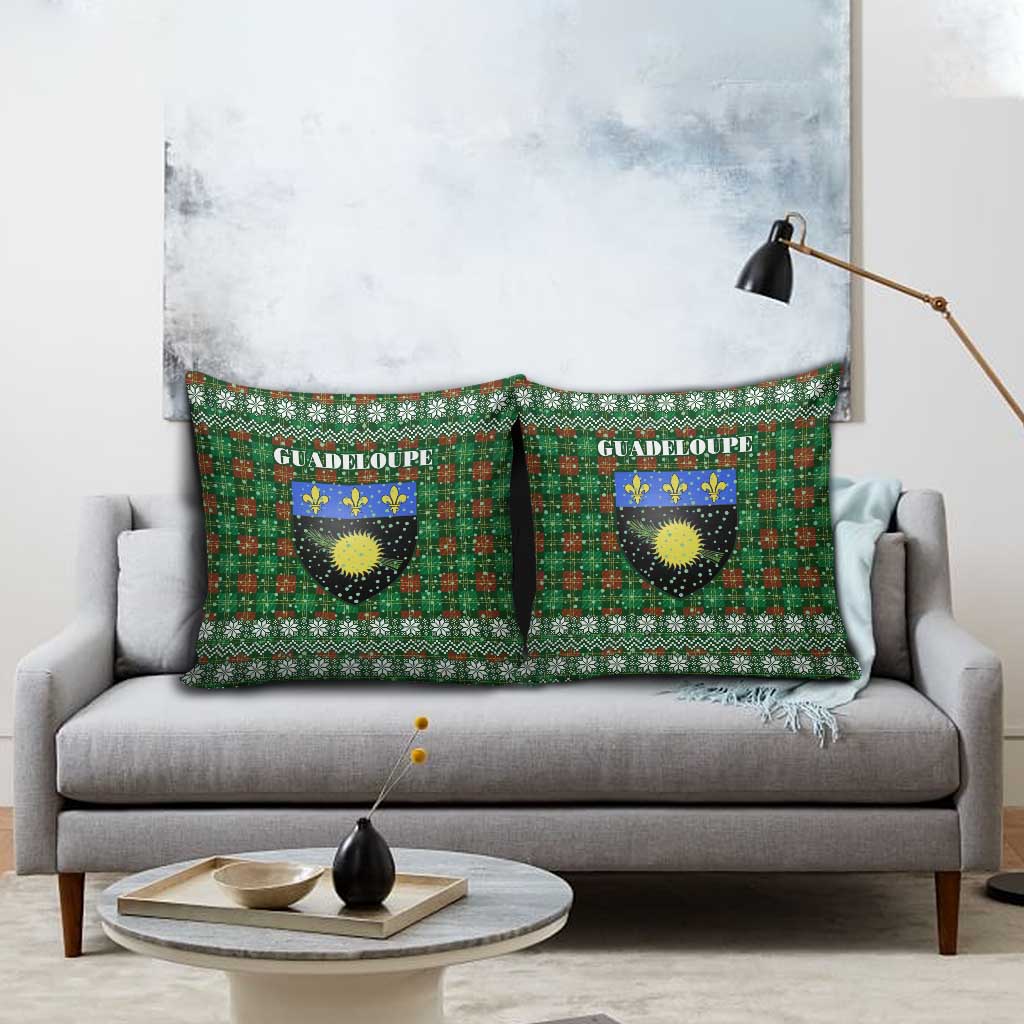 Guadeloupe Christmas Pillow Cover with Green-Red Plaid Design, Sun and Sugarcane Emblem, and Santa Sleigh Motif - Wonder Print Shop