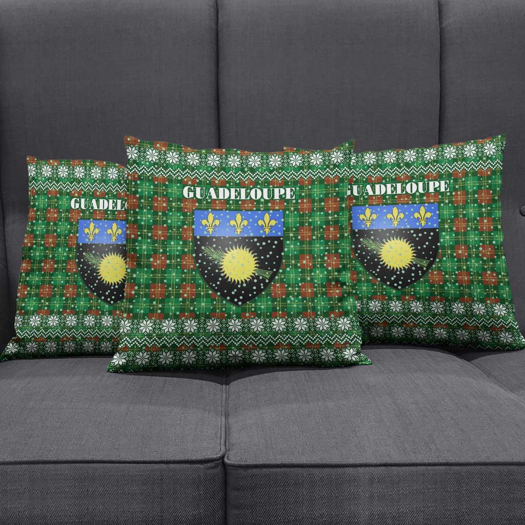 Guadeloupe Christmas Pillow Cover with Green-Red Plaid Design, Sun and Sugarcane Emblem, and Santa Sleigh Motif - Wonder Print Shop